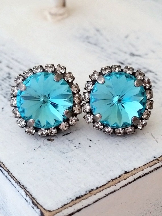 Turquoise Earrings crystal Stud Earrings oxidized Silver Stud