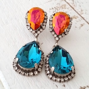 Teal and orange earrings,Teal orange Chandelier earrings,Bridal earrings,Teal Drop earrings, orange pink earrings,Long earrings