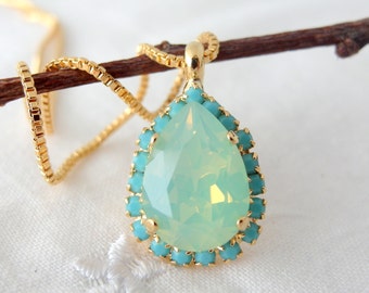 Mint opal Crystal necklace, Pendant necklace, Bridal necklace, Bridesmaid necklace, Rhinestones necklace, Gold necklace, Vintage necklac