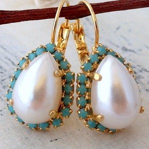 Pearl and turquoise crystal drop earrings, white pearl halo teardrop earring, Bridal earrings, Bridesmaids gifts, Dangle earrings, gold