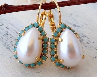 Pearl and turquoise crystal drop or stud earrings, white pearl halo teardrop earring, Bridal earrings, Bridesmaids gifts, Dangle earrings