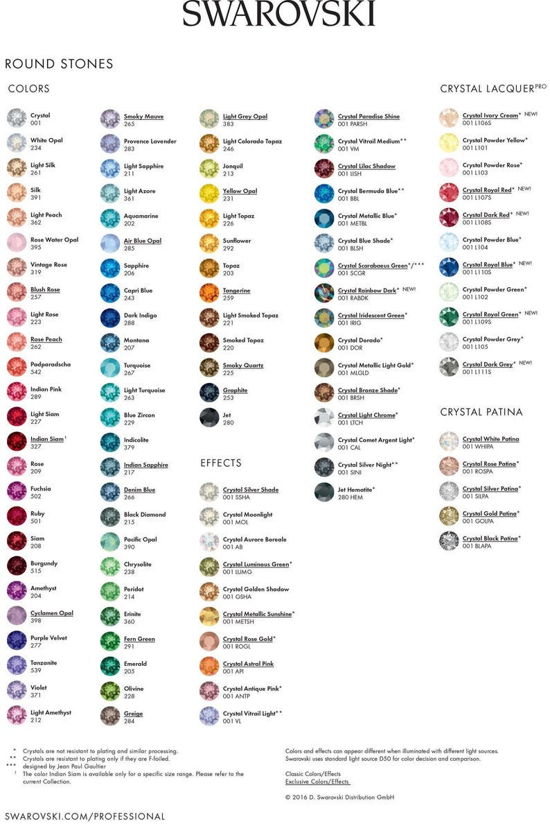 May include: A chart of Swarovski crystal colors and effects. The chart includes a variety of colors, including clear, white, pink, blue, green, and red. The chart also includes a variety of effects, such as silver shade, moonlight, and luminous green.