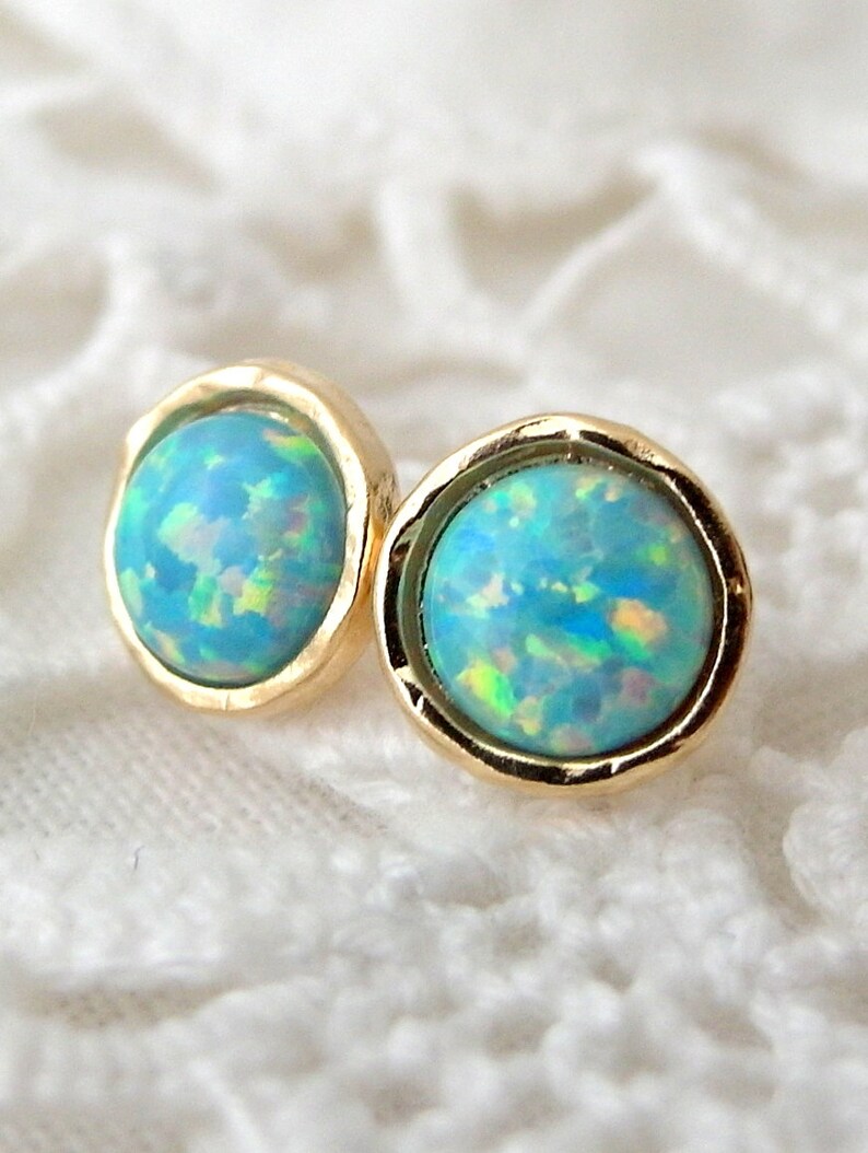 Opal earrings, Mint Opal stud earrings, Seafoam mint Opal studs, Opal studs, Gold or silver stud earrings,October birthstone,Bridesmids gift image 3