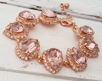Blush bracelet,Morganite bracelet,Rose gold Blush teardrop crystal bracelet,blush bridal bracelet,Bridesmaids gift,Tennis bracelet