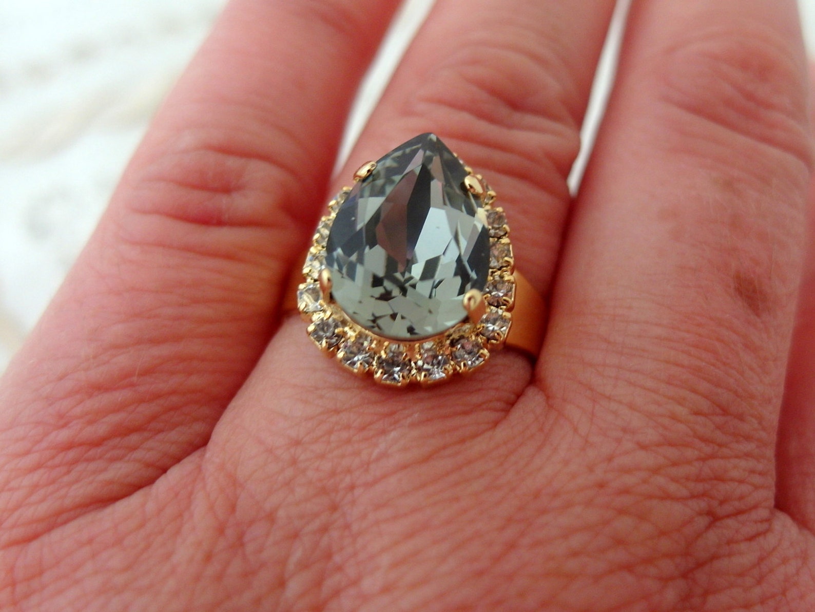 Smokey Grey Adjustable Gemstone Ring, Gray Diamond Rhinestone Crystal ...