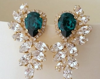Emerald earrings, Emerald bridal earrings, statement stud earrings, Extra large earrings,cluster earrings,Crystal earring,crystal earrings