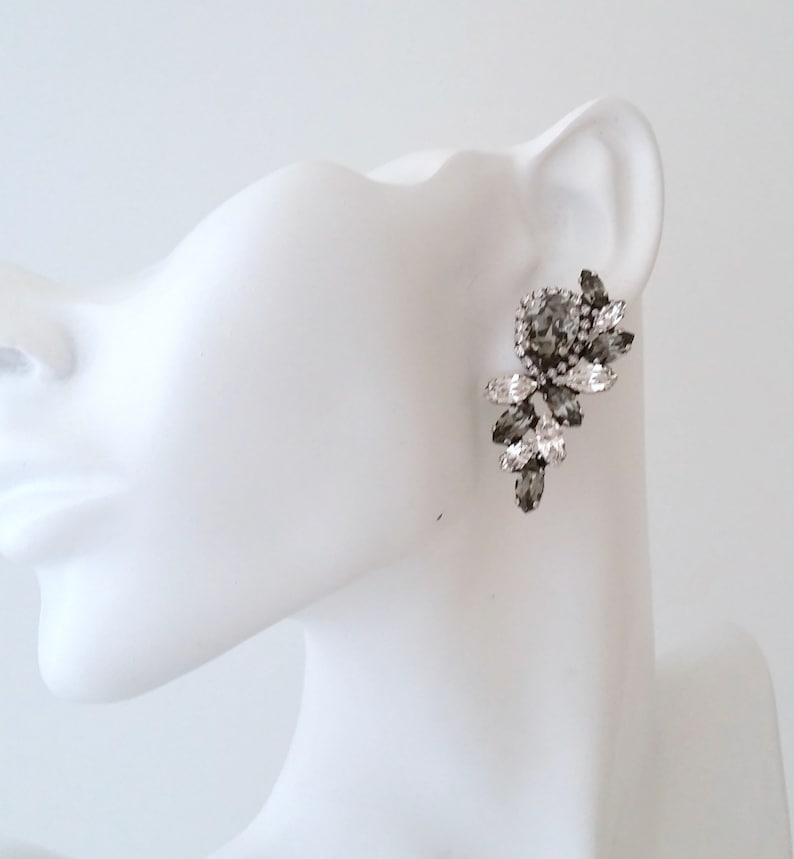 Gray earrings,dark gray earrings,Bridal earrings,Cluster earrings, earring,crystal earring,Bridesmaids,Statement stud earring image 2