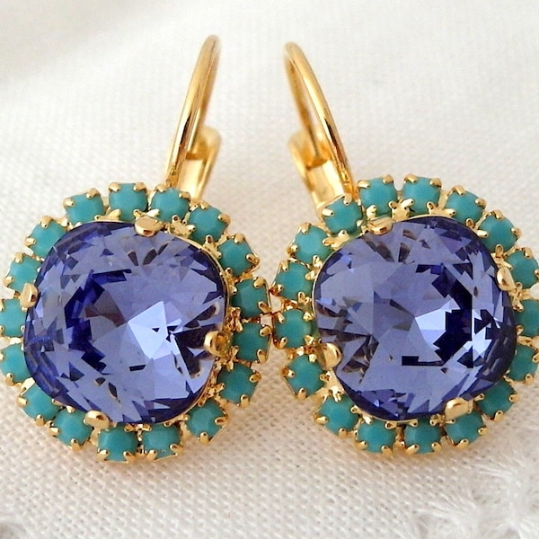 Purple tanzanite and turquoise Crystal drop earrings, Drop earrings Bridal earrings, Bridesmaid gifts Dangle earring Crystal earring