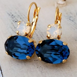 Navy Blue earrings,Sapphire earrings,Bridal earring,Bridesmaids gift,white opal drop earrings,deep blue Crystal earring,Dangle earring