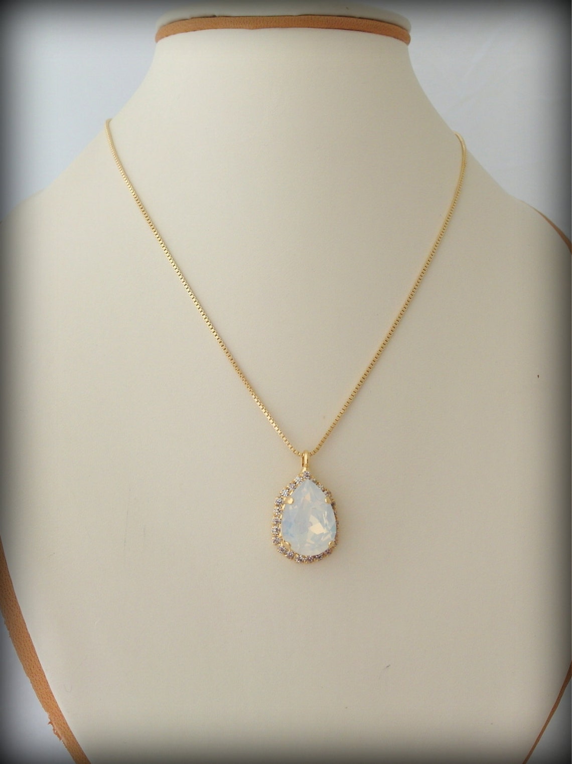Bridal Necklace White Opal and Clear Crystal Pendant Etsy