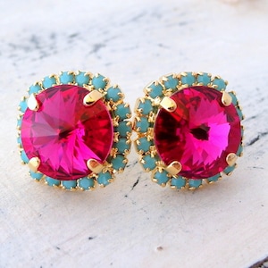 Pink turquoise crystal stud earrings, Fuchsia turquoise studs, Bridesmaids jewelry, Ruby and mint stud earrings, Bridal earrings