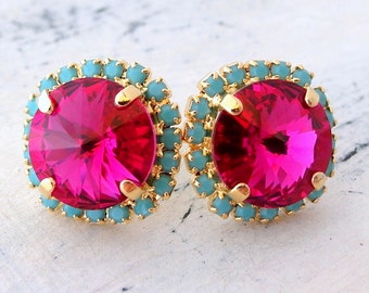 Pink turquoise crystal stud earrings, Fuchsia turquoise studs, Bridesmaids jewelry, Ruby and mint stud earrings, Bridal earrings