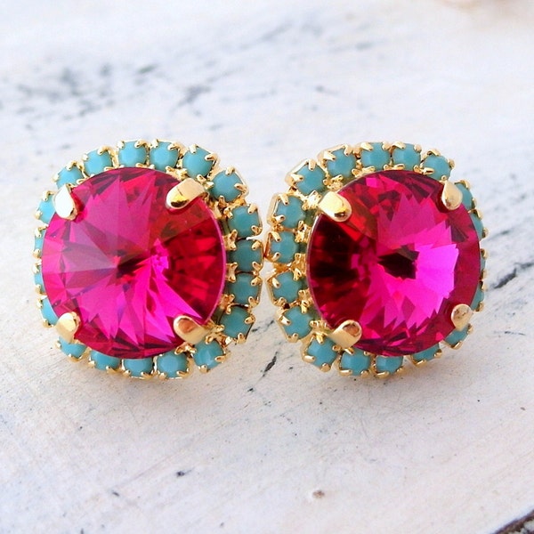 Pink turquoise crystal stud earrings, Fuchsia turquoise studs, Bridesmaids jewelry, Ruby and mint stud earrings, Bridal earrings