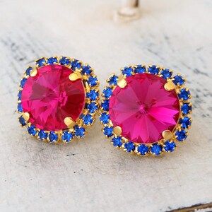 Pink and blue sapphire Crystal Rhinestone stud earrings, Bridesmaid gifts, Crystal hot pink and saphire halo stud earrings, bridal earring