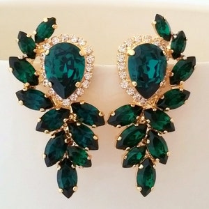Emerald earrings,bridal earrings, Emerald bridal earrings,Vintage earrings,Large earring,cluster earrings,Crystal earring,crystal earrring image 1