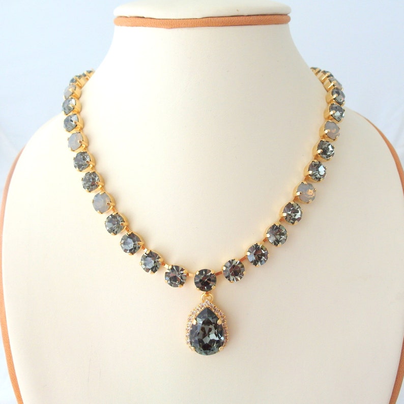 Smokey grey black diamond crystal necklace, Statement necklace, Bridal necklace, Bridesmaids gift, Tennis necklace,Wedding jewelry image 5