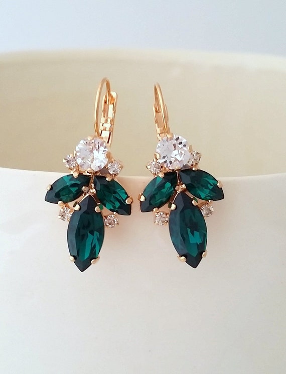 Emerald earrings,Bridal earrings drop,Rose gold earrings,Emerald drop  earrings,Bridesmaid gift,Petite emerald drop earrings,Vintage earrings