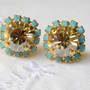 Champagne and turquoise Crystal crystal stud earrings, Bridesmaids gift, Gold tone post earrings, stud earrings, Bridal earrings