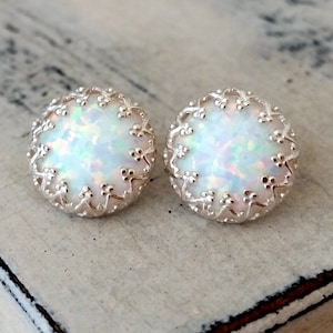 Opal earrings, White opal stud  earrings, stud earrings, October birthstone, Bridal jewelry, Bridesmaid gifts, Crown setting, silver or gold