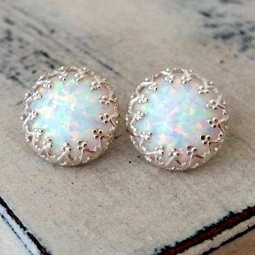 White Opal Crown Stud Earrings