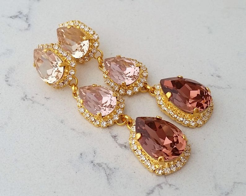 Bridal earrings,Long chandelier earrings,blush earrings,Morganite earring,Gold earring,bridesmaid gift,Crystal earrings zdjęcie 4