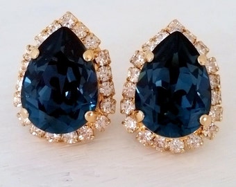 Navy Blue earrings,Sapphire earrings, Bridal earrings,Blue earrings,blue bridesmaid gift, Navy blue stud,Crystal earring,deep blue earring