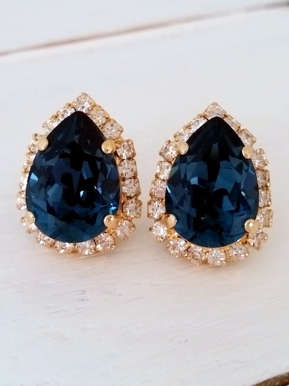 Navy Blue earrings,Sapphire earrings, Bridal earrings,Blue earrings,blue bridesmaid gift, Navy blue stud,Crystal earring,deep blue earring