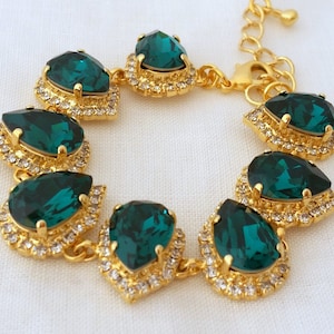 Emerald bracelet,emerald green teardrop bracelet,crystal crystal bracelet,Emerald bridal bracelet, Bridesmaids gift,Gold or silver,Wedding image 1