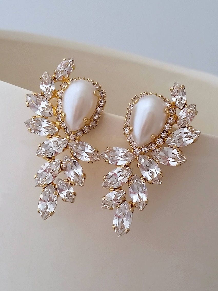 Bridal earringsWhite pearl and crystal Statement | Etsy
