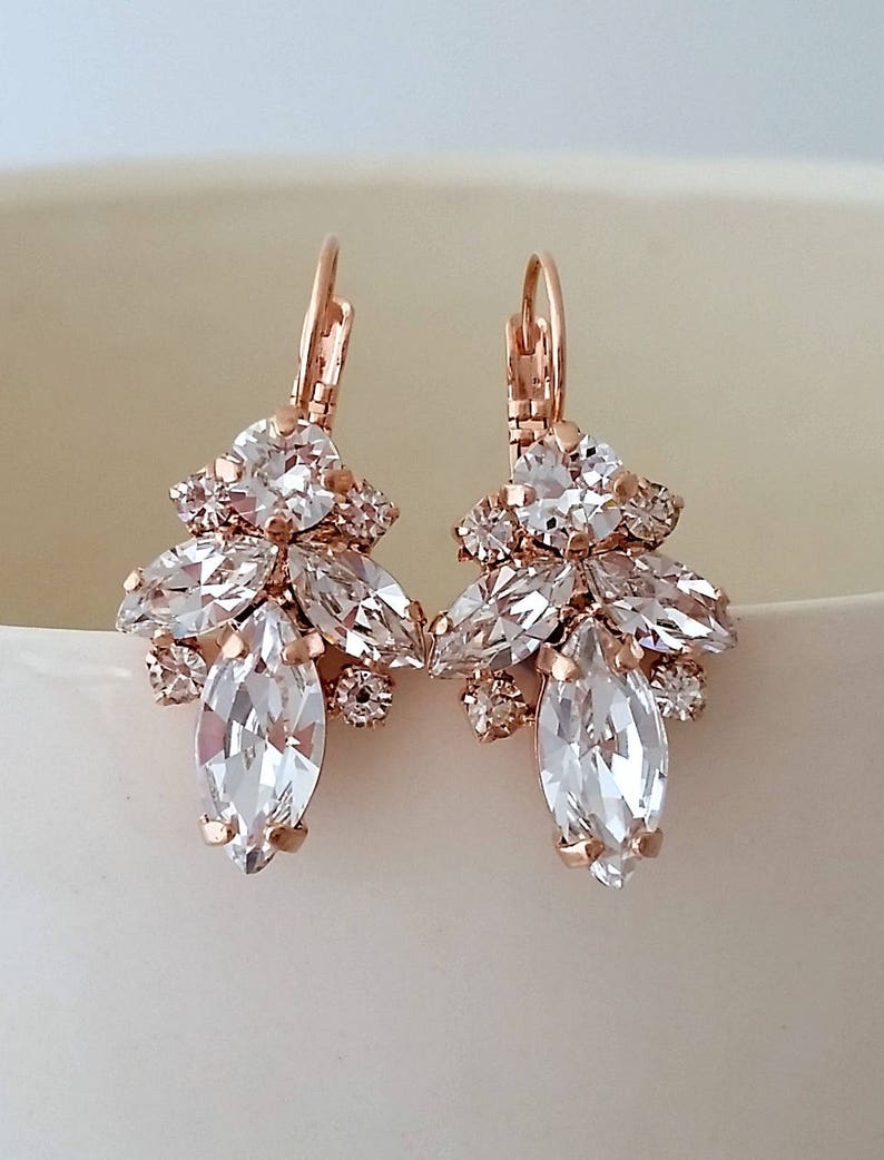 Bridal earrings drop,Rose gold earrings,Clear crystal earrings,Crystal drop earrings,Bridesmaid gift,Petite earrings,Vintage Bridal earrings image 3