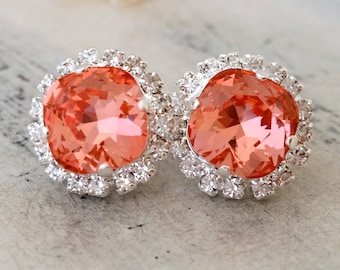 coral earrings,Peach pink coral crystal halo stud earrings, Bridal earrings, Bridesmaid gift, Crystal earrings, weddings, crystal earrings