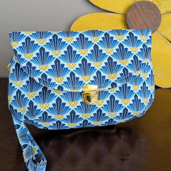 Blue Floral Canvas Wristlet Clutch, Handmade Small Everyday Handbag, Detachable Strap Purse