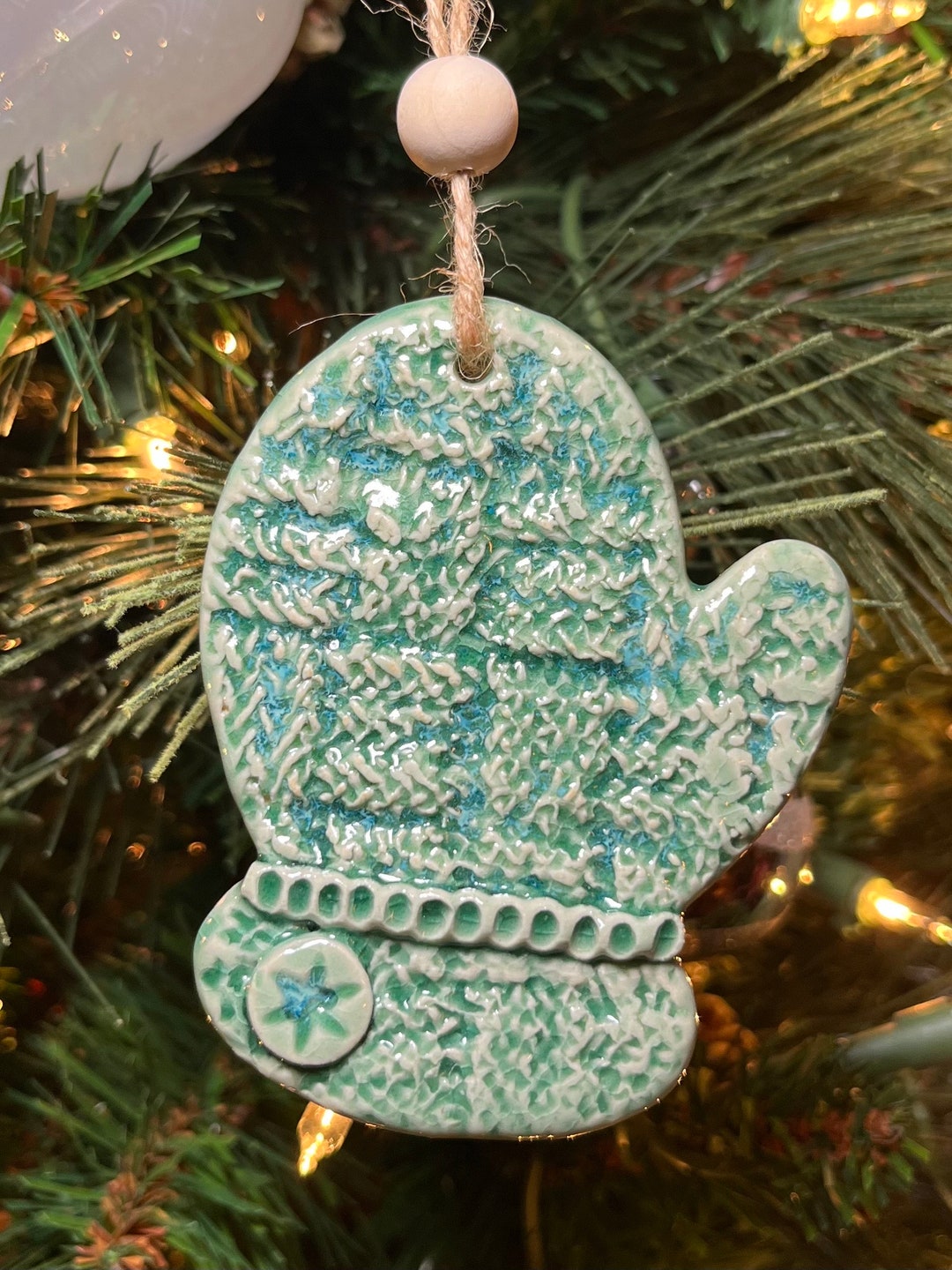 Menzies Green Modern Tartan Crest Christmas Ceramic Ornament