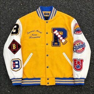Kurtka baseballowa Varsity Letterman, skórzane rękawy, naszywka z szenili, styl vintage streetwear