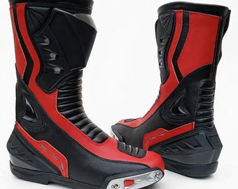 Botas de carreras profesionales de cuero rosa oscuro – Equipamiento para motociclismo en pista y calle