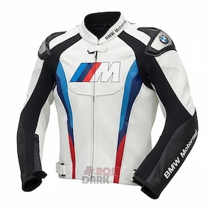 BMW M Power Racing läderjacka: Vit, svart, blå, röd motorcykelskydd