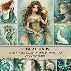 May include: A collection of watercolor illustrations featuring mermaids, seahorses, and marine life. The central image showcases a mermaid holding a seashell. The text "LOST ATLANTIS" and other details are also visible.
