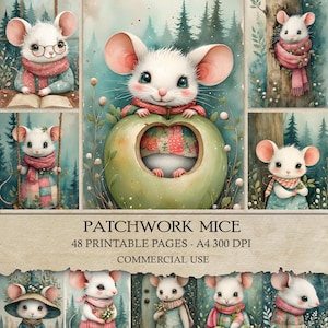 Könnte beinhalten: Eine Sammlung von Aquarellillustrationen mit entzückenden weißen Mäusen in verschiedenen Szenen. Die Mäuse tragen Schals und Kleidung und interagieren mit Gegenständen wie Büchern und Schaukeln. Das Gesamtthema ist skurril und bezaubernd.