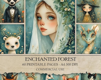 Enchanted Forest Scrapbook Paper, Girls and Woodland Creatures (Printable Pages)