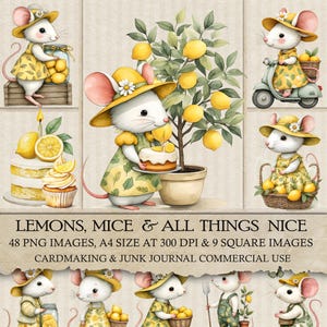 Lemons and Mice Clip Art Collection, PNG Transparent Back round Images Junk Journal Cardmaking