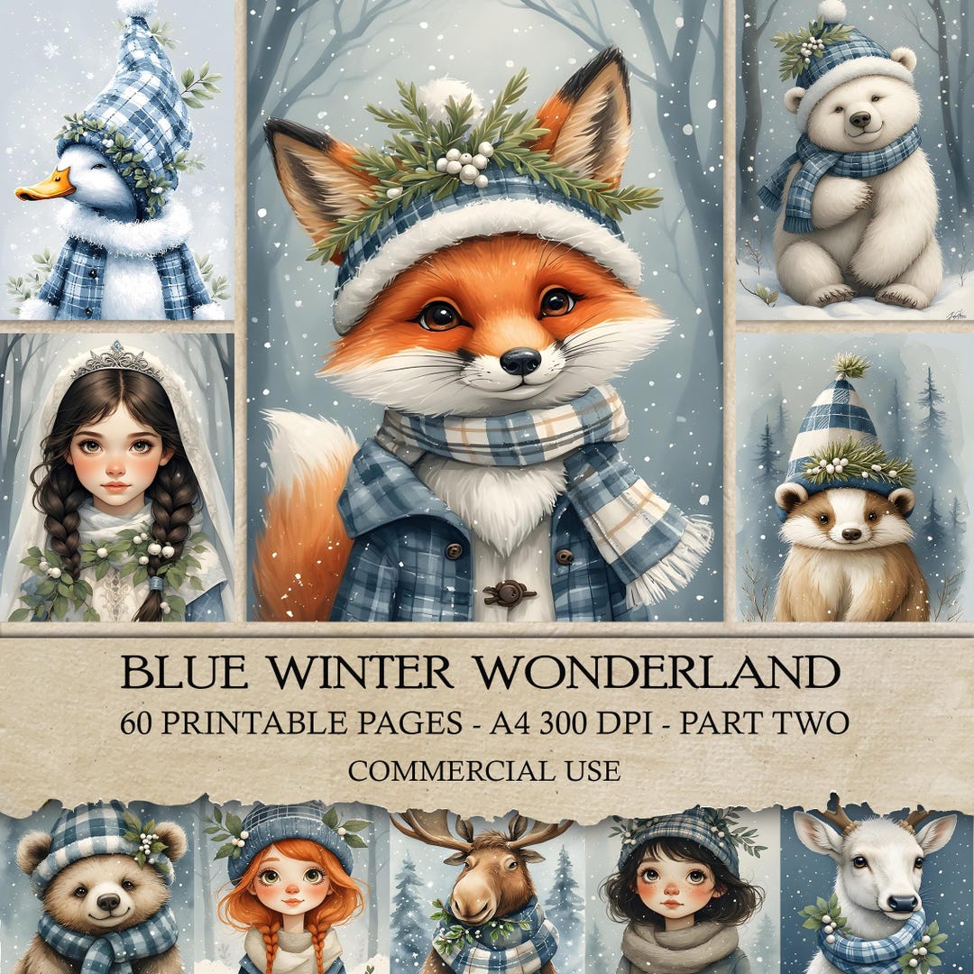 Blue Winter Wonderland Junk Journal Kit, Winter Animals Ephemera ...