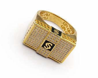 Męski kwadratowy pierścionek z diamentem | Srebro próby 925 ze złoceniem, rozmiar US 8