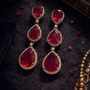 Peut inclure: Une paire de boucles d'oreilles pendantes élégantes avec trois pierres précieuses rouges en forme de goutte d'eau, chacune bordée d'un halo de petites pierres claires scintillantes. Les boucles d'oreilles sont posées sur un fond sombre et texturé.