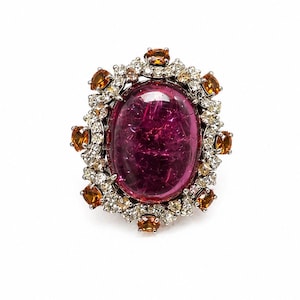 Ruby Tourmaline Statement Ring, Citrine Diamond Halo, Sterling Silver Cocktail Ring