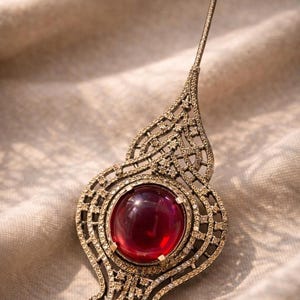 May include: An elaborate pendant with a large, oval, deep red gemstone at its centre. The pendant has an intricate, openwork design with small, sparkling accents, and a long, slender stem ending in an arrow shape. The metal has a warm, gold tone.