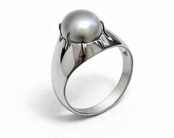 Pierścionek z owalną perłą ze srebra próby 925 | Ręcznie robiona biżuteria z wyrazistym wzorem | Rozmiar amerykański 8,9