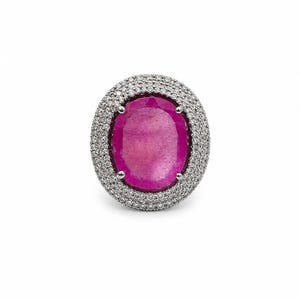 Ruby Silver Ring, Oval Pink Ruby Ring with Diamonds, Statement Cocktail Ring, US Size, Gemstone Jewelry