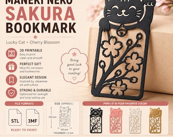 Maneki Neko Sakura Lesezeichen (STL & 3MF) | Lesezeichen mit Kirschblüten-Glückskatze | 3D-Druck | Geschenk für Katzenliebhaber | Digitaler Download