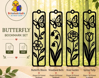 Lesezeichen-Set mit Schmetterling und Blume (STL-Datei) | 3D-druckbares Lesezeichen-Set mit Blumenmotiv | Digitaler Download von STL- und 3MF-Dateien | Geschenk für Bücherliebhaber und Lehrer