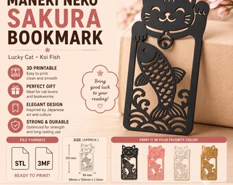 Maneki Neko Koi-Lesezeichen (STL & 3MF) | Japanisches Glückskatzen-Lesezeichen | 3D-Druck-Lesezeichen mit Koi-Fischmotiv | Niedliches Katzen-Lesezeichen | Digitaler Download